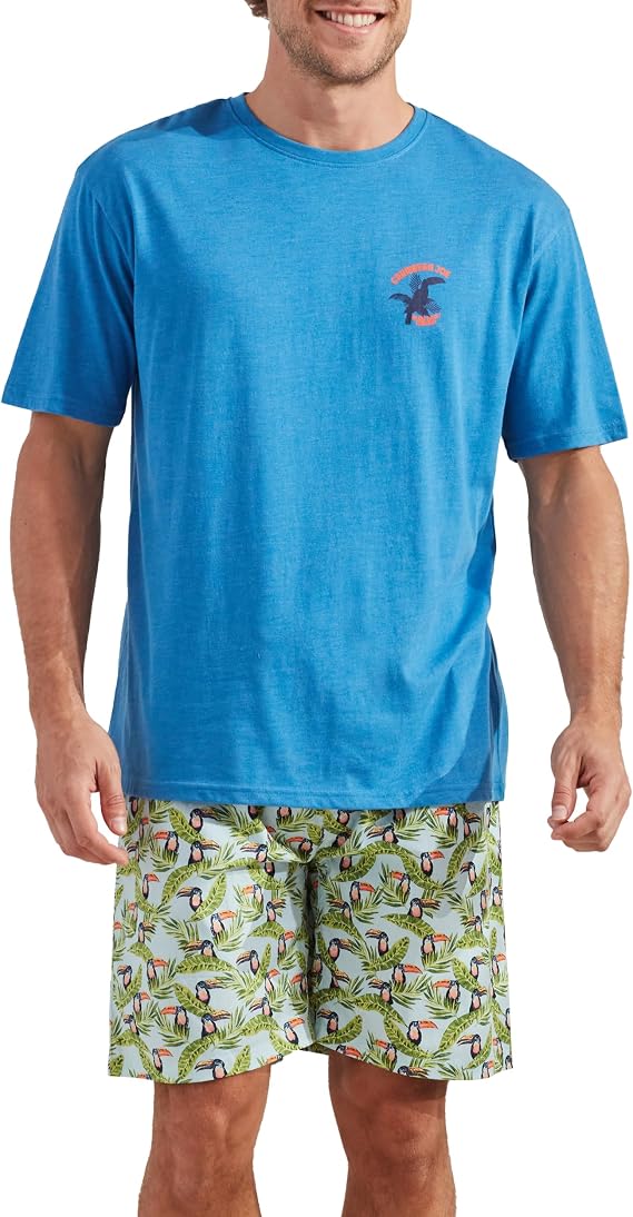 CARIBBEAN JOE Men's Men's Pajama Sleep Set, Toucan Shorts and Blue Crew Neck T-shirt Pajamas, Lightweight Novelty Pjs