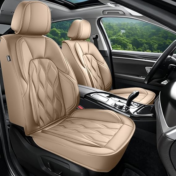 2 Front Seat Covers Fit for Hyundai Sonata 2007-2026 | Waterproof Premium Faux Leather Upgraded Car Seat Cover Compatible with Airbag All-Weather(2PCS Front, Beige)
