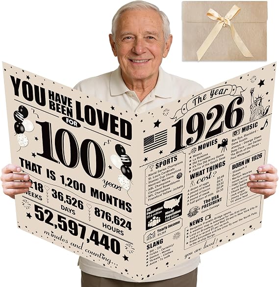 Turypaty 1926 100th Big Birthday Card 100th Party Guest Signature Book Gift | Extra Giant 1926 Birthday Greeting Card with Envelope, Vintage Funny Happy 100th Bday Party Decoration Supplies for Men Women