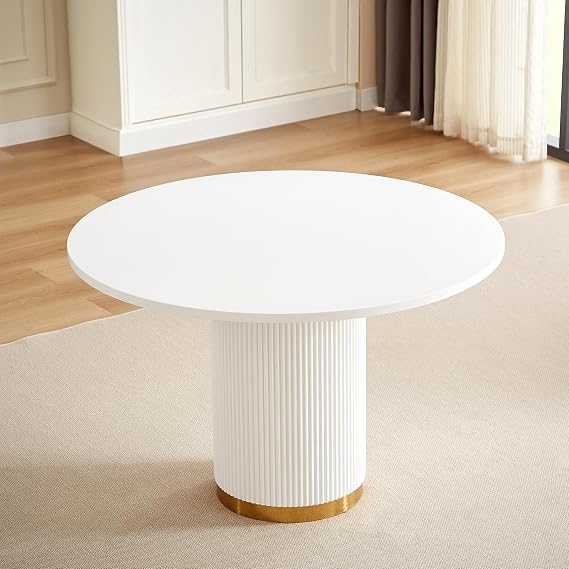 Round Dining Table, 46" Modern Farmhouse Kitchen Table for 4-6 People with Ripple Base, White Circle Dining Room Tables for Kitchen, Living Room, Bistro
