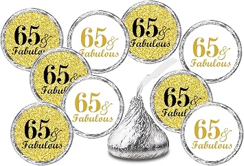 65 & Fabulous Birthday Gold Kisses Stickers, Set of 216 Chocolate Drops Labels Stickers for Birthday Party, Party Favors Decor for Kisses. Made in USA