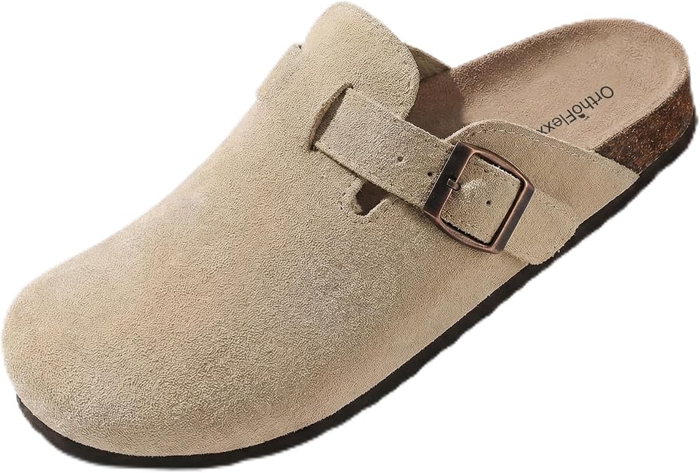 Clogs with Arch Support, Genuine Cowhide Upper, Natural Cork Contoured Footbed, Unisex