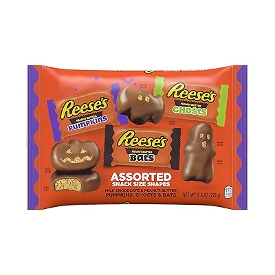 REESES Assorted Milk Chocolate Peanut Butter Snack Size Shapes Candy, Halloween, 9.6 oz Variety Bag