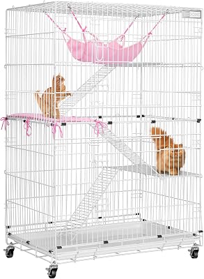 VIVOHOME 4-Tier 49 Inch Collapsible Metal Cat Kitten Ferret Cage 360 Rotating Casters Enclosure Pet Playpen with Ramp Ladders Hammock and Bed White