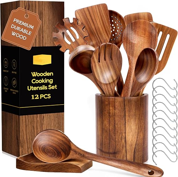 ACMETOP 12-Piece Natural Teak Wooden Spoons for Cooking With 10 Hooks,Handcrafted Kitchen Utensils Set ,Ideal Gift Set