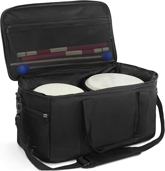 Bongo Drum Bag, 3 Pockets & Strap (Bag only) | Standard Size for bongos, Removable padded shoulder strap & 3 extra pockets, Nylon case, Black