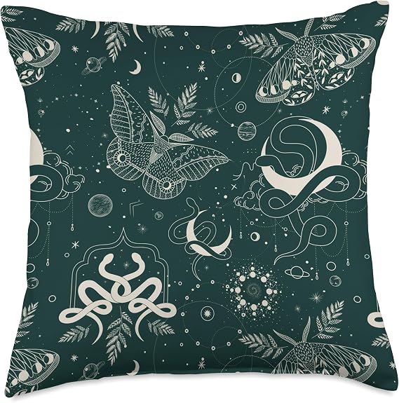 Dark Green Mystical Witchcore Celestial Night Moth & Snake Throw Pillow