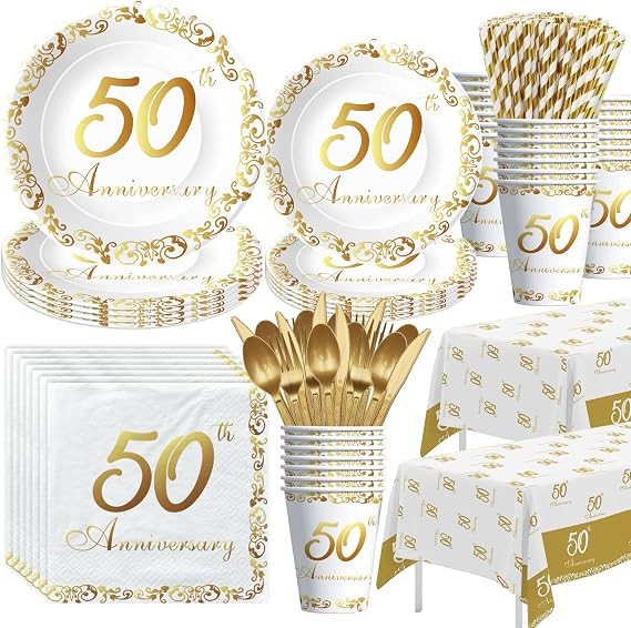 APOWBLS 50th Anniversary Decorations And Supplies Wedding, Gold, Serves 24