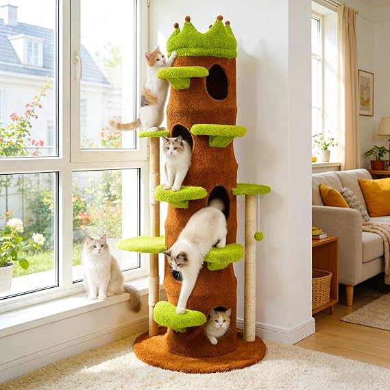 Modern Cat Tree Tower: 73.6 Tall Cat Tree for Indoor Cats Large Adult with Sisal Scratching Post - Extra Large Heavy Duty Wooden Green Cat Tree with Plush Condo