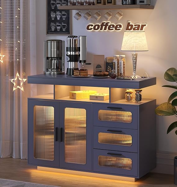 HWB Coffee Bar Cabinet with RGB Light & Charging Station, Gray