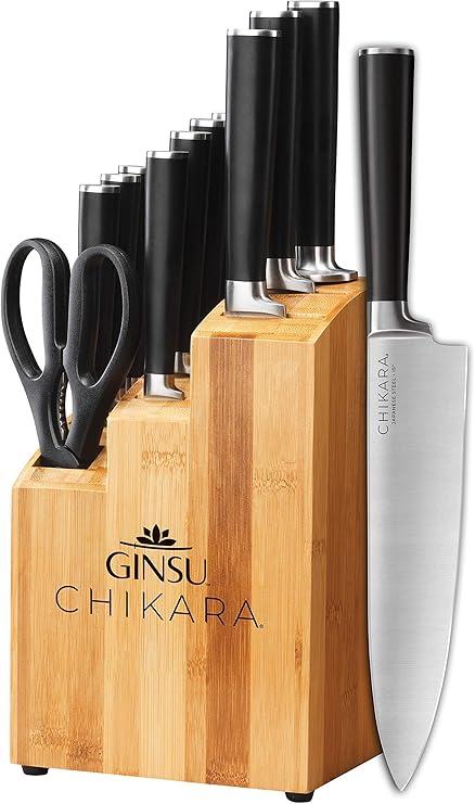GINSU Chikara Series 12-Piece Japanese Kitchen Knife Set - Premium 420J Stainless Steel Cutlery Set with Bamboo Block, Perfect for Any Table or Dining Room, Includes Steak Knives Black