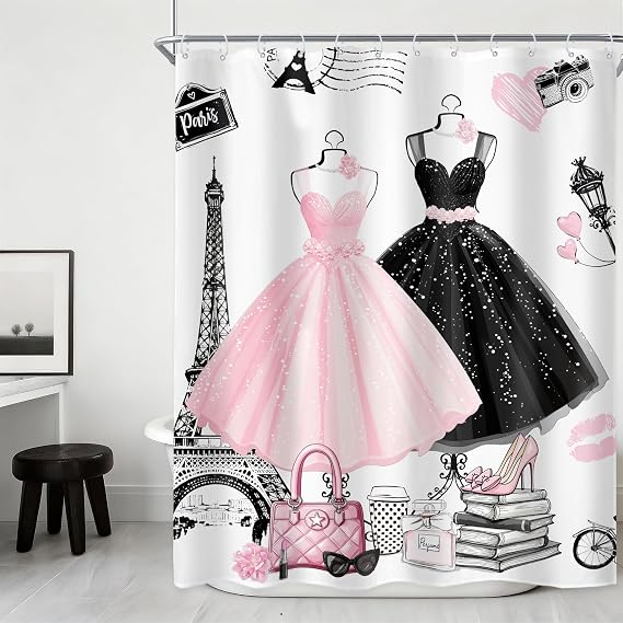 Riyidecor Fashion Girly Dress Shower Curtain 60Wx72H Inch Pink Black Modern Paris Eiffel Tower Girls Women Perfume High Heels Makeup Bathroom Decor Fabric Polyester Waterproof 12 Pack Hooks