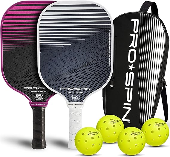 PRO-SPIN Carbon Fiber Pickleball Paddles Set of 2 | Lightweight Pickleball Set with Indoor/Outdoor Balls and Bag Durable Pickle Ball Paddle Gift for Men, Women & Families
