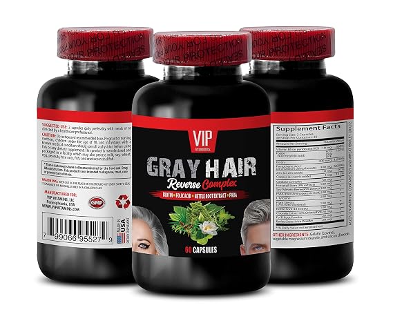 Anti gray hair pills - GRAY HAIR REVERSE COMPLEX - Hair growth products, Vitamin B-6, Catalase Complex, Saw Palmetto Berries, Barley Grass Juice Powder, Natural hair color 1 Bottle 60 Capsules