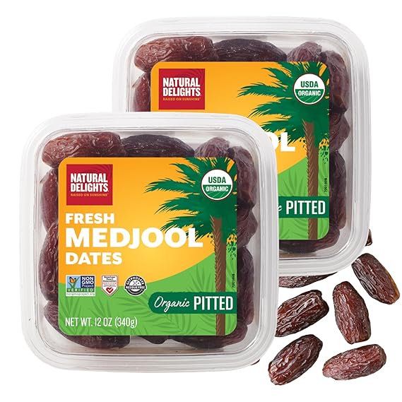 Natural Delights Organic Medjool Dates Pitted - 12 Oz Tub (Pack of 2) | USDA Certified Organic Fruit, Good Source of Fiber & Potassium, Naturally Sweet, Large & Plump Dates, Snack for On-the-Go