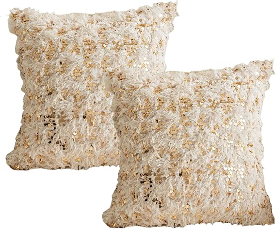 Decorative Throw Pillow Covers, Beige Faux Fur with Gold Sequins, Set of 2, 18x18 inch and 12x20 inch (18" x 18")