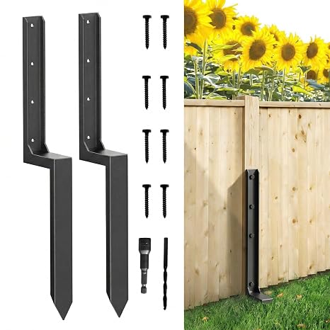 Heavy Duty Fence Post Repair Kit, Metal Fence Post Stabilizer Bracket with Ground Spike for Wooden Fence Repair, Includes Mounting Screws and Drill Bit 2Pack