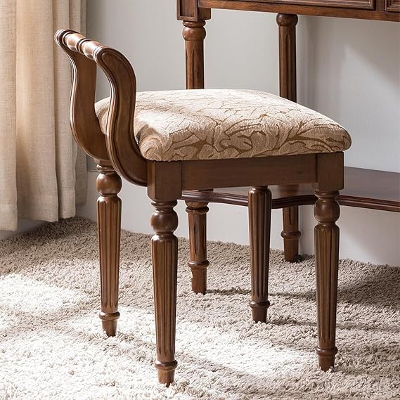 Solid Wood Vanity Chair, Retro Low Back Makeup Stool, Carved Legs Piano Stool with Thick Cushion for Bedroom Makeup Room Living Room (Brown)