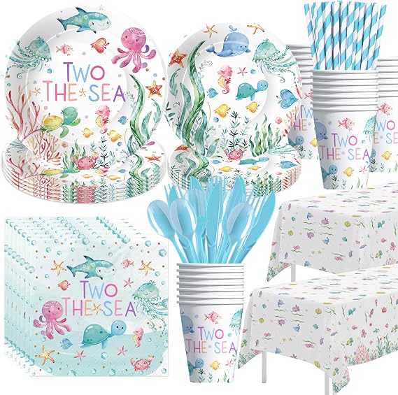 APOWBLS Two The Sea Birthday Decorations, Ocean Underwater Theme, Serves 24