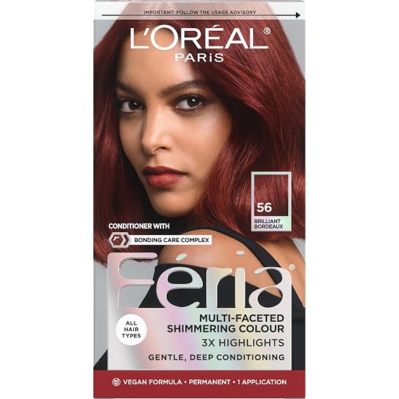 L'Oreal Paris Feria Multi-Faceted Shimmering Permanent Hair Color, 56 Brilliant Bordeaux (Auburn Brown), Pack of 1 Hair Dye Kit