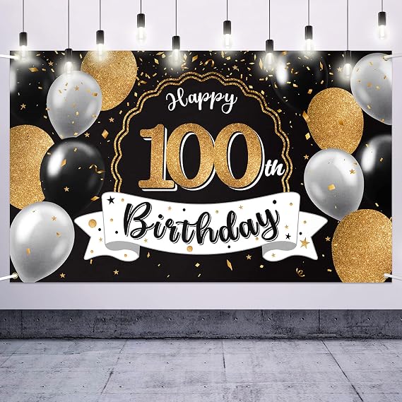 Happy 100th Birthday Decorations,100th Black & Gold Balloon Large Birthday Banner Backdrop Sign - Cheers to 100 Years Old Bday Party Decoration.