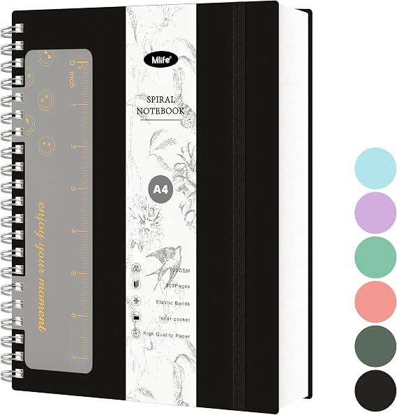 Mlife Notebook A4 Dotted,Bullet Dot Journal,300pages Spiral Notebook,100g/M² Ink-Resistant Paper,PVC hardcover，with Ruler,Expandable Pockets,Elasticated Ribbon,21x 28cm(Black)