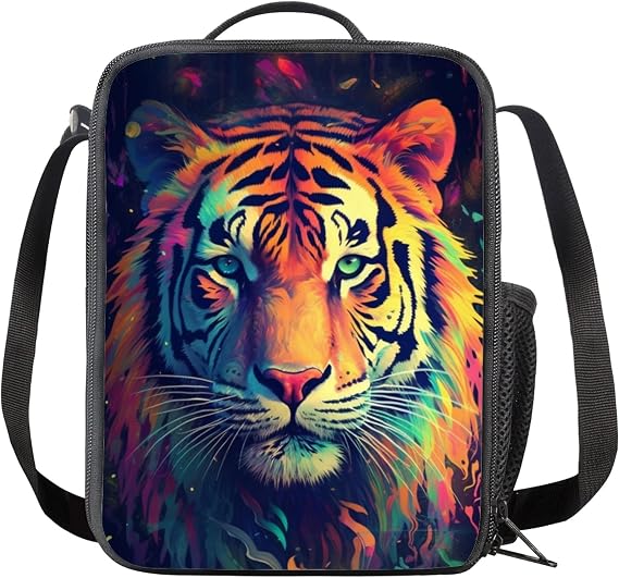 Reusable Insulated Lunch Bag Tiger Print Boys Girls Lunch Box for Kids Adjustable Strap Double Zipper Tote for Work School Travel
