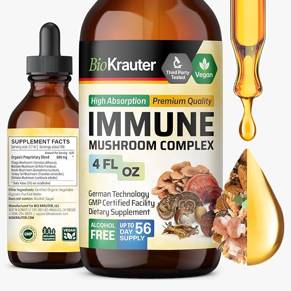 BIO KRAUTER 5-in-1 Immune Mushroom Complex for Immune Support, 4 Fl.Oz | Vegan Liquid Mushroom Supplement with Chaga, Maitake, Reishi, Turkey Tail & Shiitake, 56-Day Supply