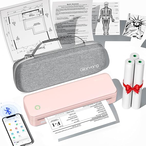 Gloryang Inkless Portable Printer for Travel, Wireless Thermal Printer Supports 8.5 x 11 Inch US Letter Size, Bluetooth Machine Includes Carry Case and 3 Rolls of Thermal Paper Kit, Pink