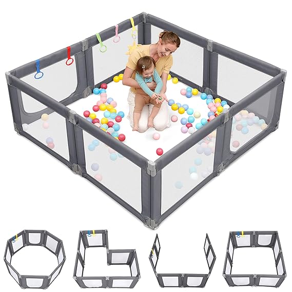 Dripex Baby Playpen, 71"x69" Extra Large Play Pen for Babie, Grey | Foldable, Variable Shape, 8 Removable & Assemblable Panels, Breathable Visible Mesh, Indoor/Outdoor Use