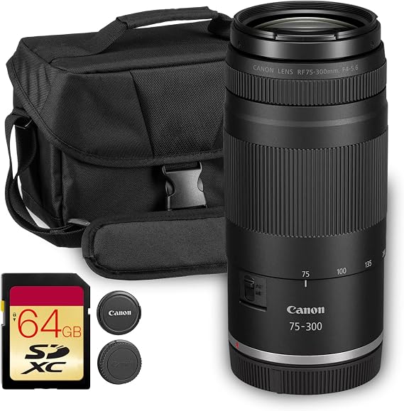 Canon RF 75-300mm f/4-5.6 Lens | Compact Telephoto Zoom with Versatile Focal Range & Smooth Autofocus | Great for Sports, Wildlife, Travel & Everyday Photography (7155C002) + Shoulder Bag + 64GB Card