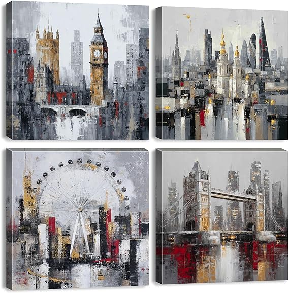 Modern Abstract City Wall Art Canvas Prints Watercolor City Landscape Pictures Wall Decor Grey and Yellow Building Cityscape Wall Paintings for Living Room Decoration Framed Posters Artwork 30x30CM 4P