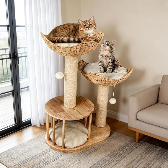 BingoPaw Wooden Cat Tower Tree: 3-tier Kitten Activity Tower 60x40x99cm