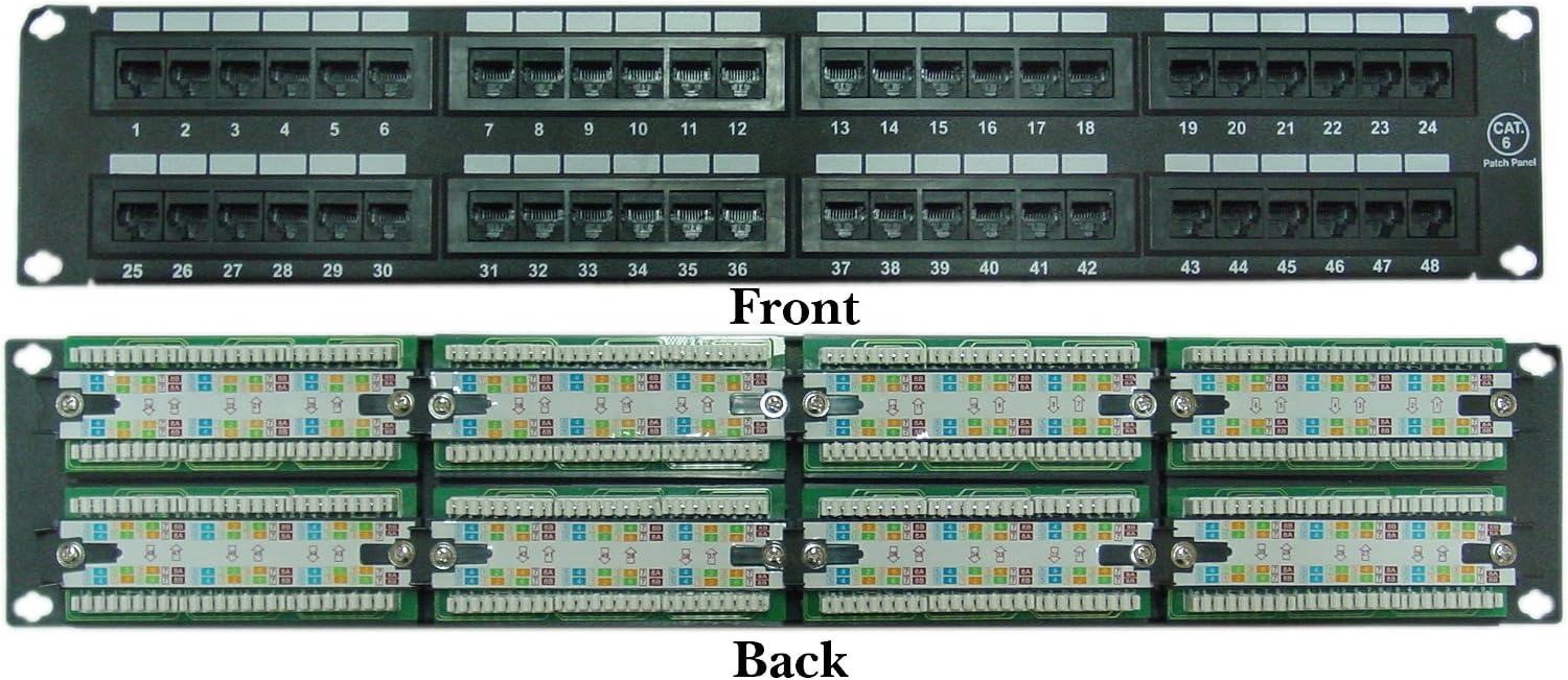 CableWholesale 48 Port Cat6 Patch Panel, 19 Horizontal Rackmount or Wall Mount Panel, RJ45 Ethernet 110 Type, 568A568B Compatible, 2U, Black