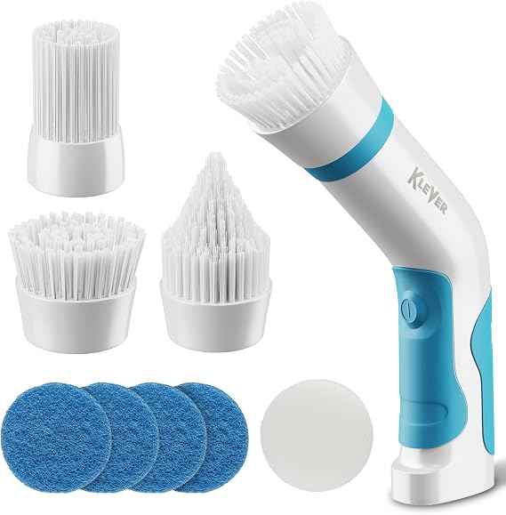 Klever Power Scrubber Brush - The Expert Kitchen & Bathroom Cleaner | Includes 4 Versatile Scrub Brushes | Cordless, Rechargeable, Lightweight