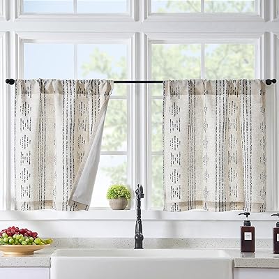 jinchan Boho Linen Kitchen Curtains 45 Inch Bohemian Geometric Striped Small Window Curtains Light Filtering Farmhouse Country Rustic for Bathroom Living Room 2 Panels Black