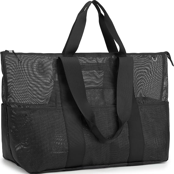 Fammart Mesh Beach Bag with Zipper for Women, Large Beach Tote Sandproof Toys Pool Swim Bag Travel Vacation Cruise Essentials