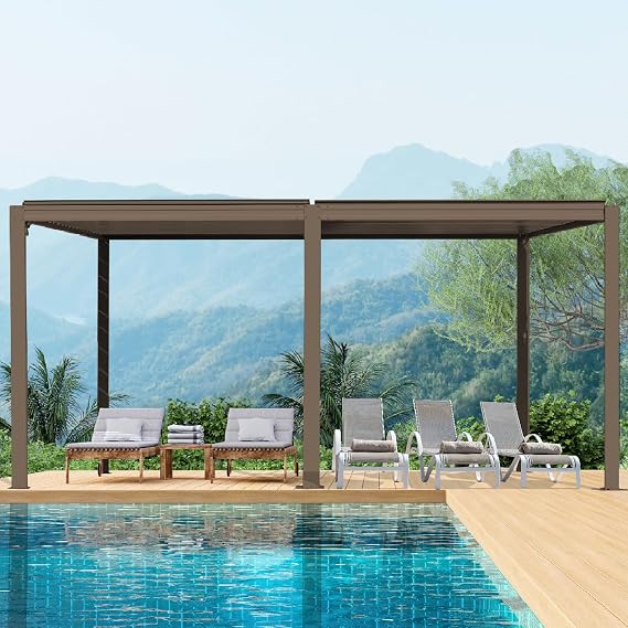 Domi Louvered Pergola 1020 FT, Outdoor Aluminum Pergola with Adjustable Rainproof Roof and Drainage System, Metal Pergola Gazebo for Patio, Deck, Backyard, Brown