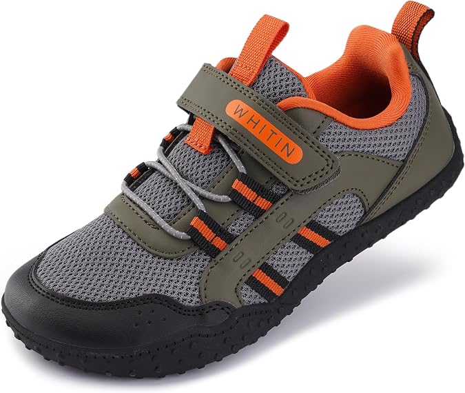 WHITIN Kids Wide Barefoot Shoes Size 2.5 Boys Tennis Casual Athletic Green | Natural Foot-Friendly Fit, Hook & Loop Closure, Breathable Mesh Keep Feet Cool, Flexible Steps, Back to School Ready