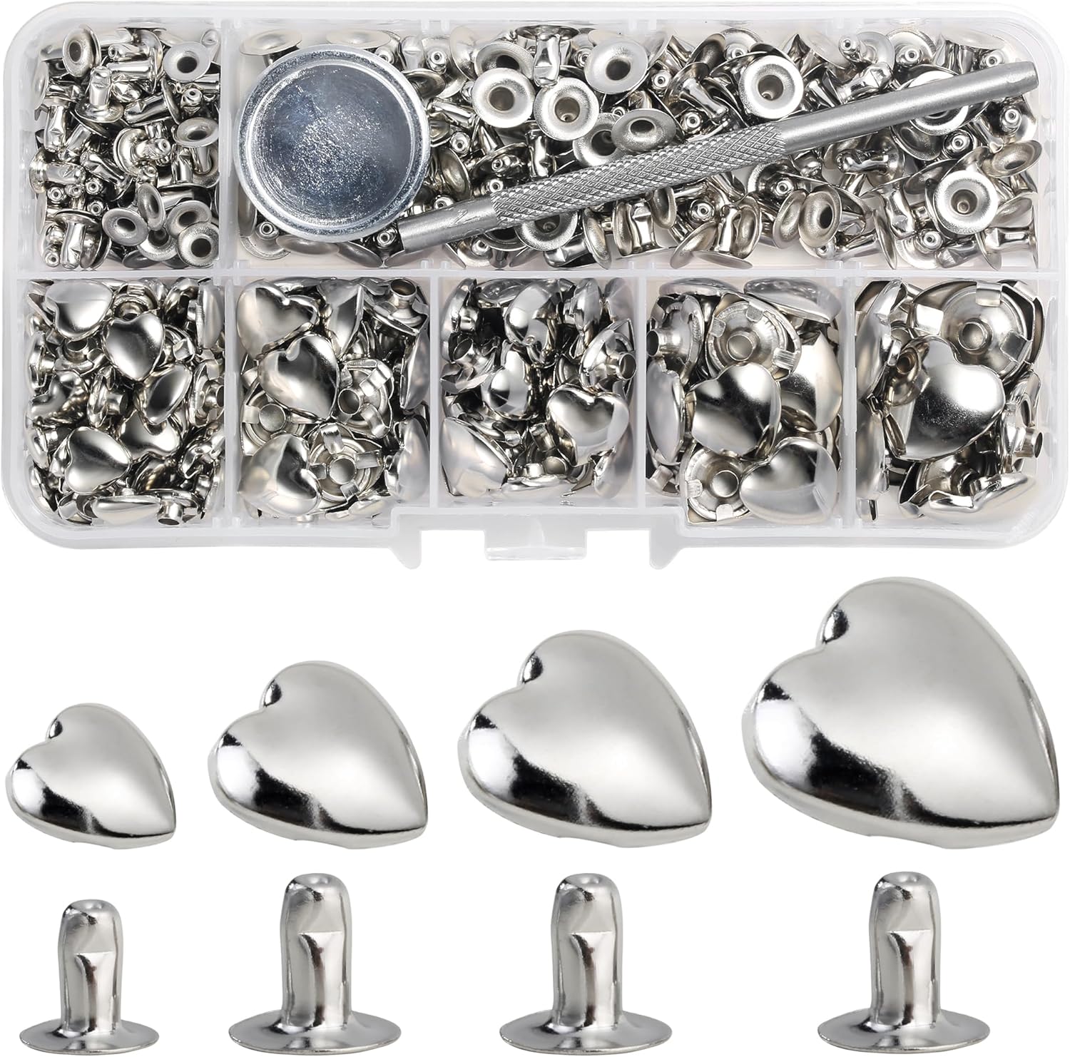 YORANYO 150 Set Mixed Size Rivets Kit - Silver Heart Studs for Clothing, Fabric & Leather Crafting - Rivet Tool for Jackets, Shoes, Bags, Belts & Purse