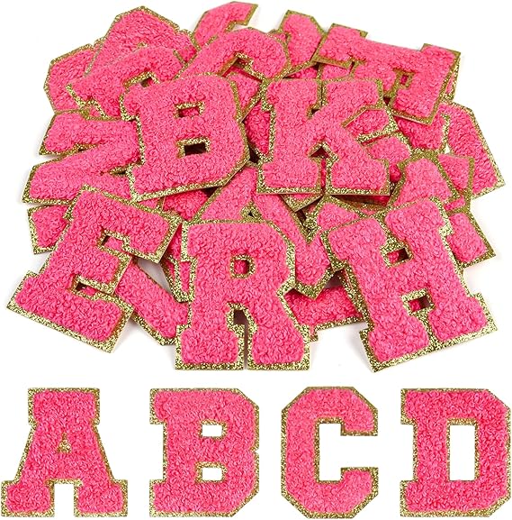 CHRORINE 26/52/104 Pcs Self Adhesive Chenille Letter Patches A-Z, Also Supports Sew or Iron on, Embroidered Alphabet Patches Stickers for DIY Clothing, Bags, Hats (104, Rose Red, Height 2.16)