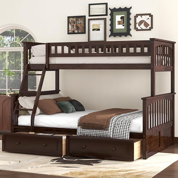 Harper & Bright Designs Convertible Wood Twin Over Full Bunk Bed with 2 Storage Drawers and Ladder - Can Be Divided Into Two Daybeds, Espresso