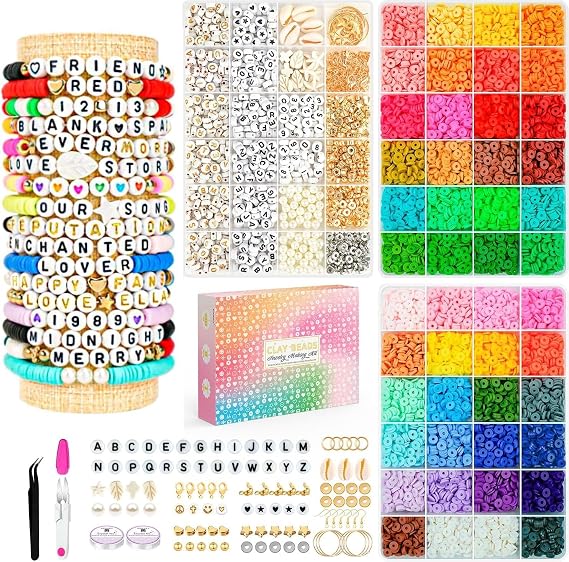 Friendship Bracelet Kit, 14,000pcs 48 Colors Bracelet Making Kit Clay Beads with Number Letter Bead Set Concert Merch Arts and Crafts Gifts for Kids Teen Girls Jewelry Making Supplies Bracelet Maker