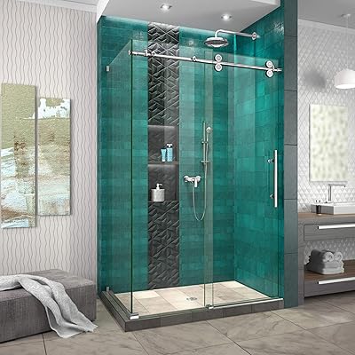 DreamLine Enigma-XO 34 12 in. D x 44 38-48 38 in. W x 76 in. H Frameless Shower Enclosure in Polished Stainless Steel, Shen-6134482-08