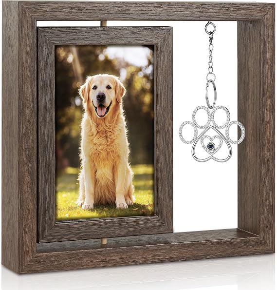 Uross Dog Memorial Gifts for Loss of Dog- Pet Memorial Remembrance Bereavement Sympathy Gifts for Dogs, Rotating Wooden Passing Away Picture Frame for 4x6 Photo- Brown