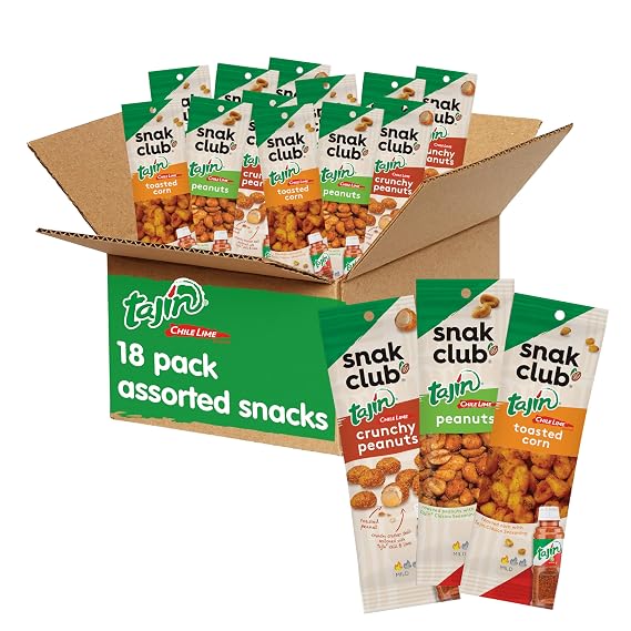 Snak Club Tajin Variety Pack, Grab-n-Run Protein Snack Packs, Includes Tajin Peanuts, Crunchy Peanuts, Toasted Corn, Chili Lime Seasoned Nuts and Corn, 18 Individual Packs