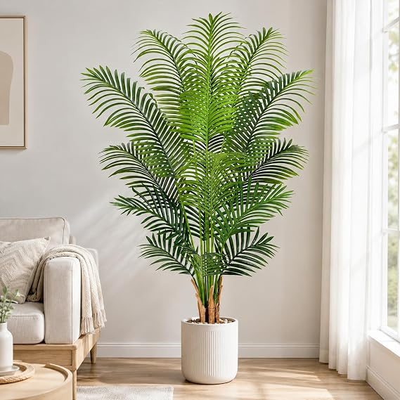 5ft Artificial Palm Tree Indoor Plant Tall Fake Tropical Paradise Palm Tree in Pot with Real Bark Design Faux Areca Palm Tree for Home Office Living Room Bedroom Farmhouse Modern Decor 1pcs