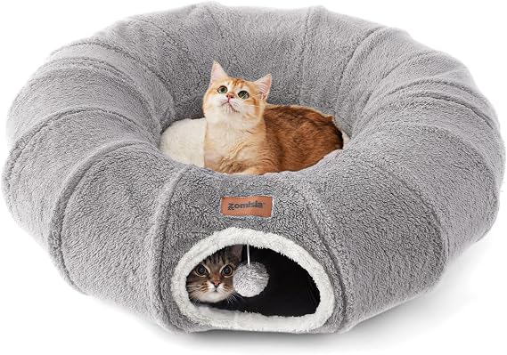 ZOMISIA Cat Tunnel Bed for Indoor Cats, Cute Cat Donut Toy Tunnel for Small Large Cats, Peekaboo Pet Cave Play Tunnel for Kitten/Rabbit,Grey
