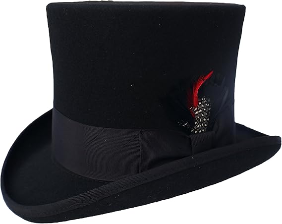 Mens Black Top Hat 100% Wool Felt Classic Formal Top Hat with Grosgrain Ribbon & Feather, 7 Tall, One Size Fits Most
