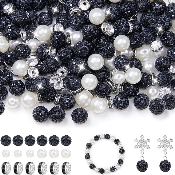 120pcs 10mm Rhinestone Beads for Jewelry Making, Black Shiny Round Shamballa Disco Ball Beads Bulk, Pave Baseball Necklace Sparkle Crystal Clay Bead for DIY Crafts Supplies Making Bracelets Earrings